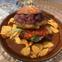 Mushroom Burger with caramelized onions and „butter“-salted potatoes   at Festland in Krummhoern