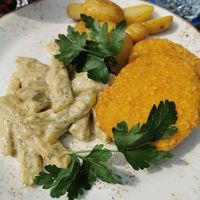 Schnitzel with potatoes and celeriac. at Festland in Krummhoern