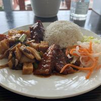 #30 Chon 1-3 mon- (Choice of 3 entrees)- Teriyaki vegan soy drumstick, spicy vegan soy ribs (shown in front), and sauteed vegetables at Veggie Garden in Orlando
