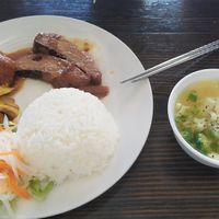 Three choice combination and broth at Veggie Garden in Orlando