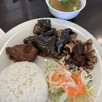 Drum stick, eggplant, mushrooms, rice and soup  at Veggie Garden in Orlando