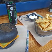 Beyond Burger, Green Cola, fries, garlic mayo at Mama Tierra - Acropolis in Athens