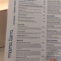 Menu at Mama Tierra - Acropolis in Athens
