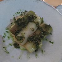 Leek on polenta with chili oil at plant. in Luzern