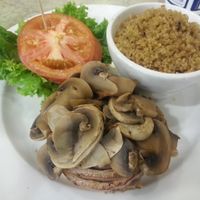 Jaime's amazing burger with added mushrooms and a side of lemon quinoa. at Mother's Market Kitchen in Irvine