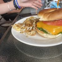 Bagel 🥯 faux egg sandwich with hash browns  at The Green Table in Palm Harbor