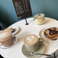 Our order (hot chocolate & brookie left, cake and moccachino right)   at LUSH Cafe in Munich
