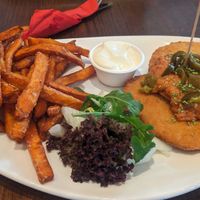 Vegan Schnitzel with peanut and jalapeno sauce at Café Extrablatt in Mainz