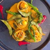 Aubergine ravioli with pumpkin sauce at Oé Bistró in Leioa