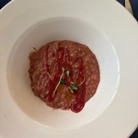 Mushroom risotto with beetroot butterr  at Oé Bistró in Leioa