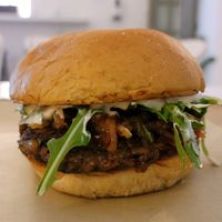 Black Rhino Burger (mushroom base) at Rhino Vegan Beat in Mykonos