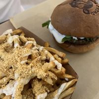 truffle fries and mushroom burger  at Rhino Vegan Beat in Mykonos