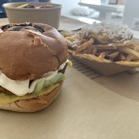 Cheeseburger and Cheese Fries  at Rhino Vegan Beat in Mykonos