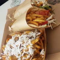 2 x souvlaki and cheesy chips at Rhino Vegan Beat in Mykonos