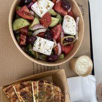 Delicious Greek salad   at Rhino Vegan Beat in Mykonos