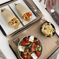 Greek Gyros and truffle fries   at Rhino Vegan Beat in Mykonos