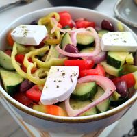 Greek salad at Rhino Vegan Beat in Mykonos
