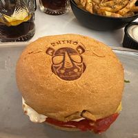 Cheeseburgers with regular French fries  at Rhino Vegan Beat in Mykonos