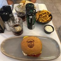  Cheeseburgers with regular French fries and homemade mayonnaise. Chicken free tofu gyros.  at Rhino Vegan Beat in Mykonos