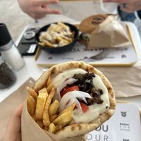 greek gyros, greek burger and mayo truffle friess  at Rhino Vegan Beat in Mykonos