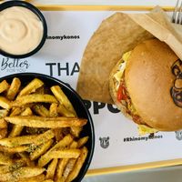 Rhino burger (lentil based) with fries and spicy mayo  at Rhino Vegan Beat in Mykonos