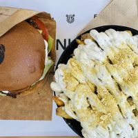 Cheese burger (lentil based) with truffle mayo fries  at Rhino Vegan Beat in Mykonos