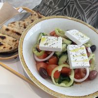 Greek salad with pita  at Rhino Vegan Beat in Mykonos