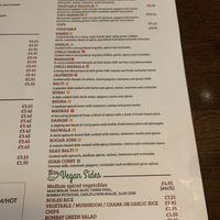 Vegan menu   at Taj Indian in Liverpool