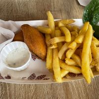 Tofish and chips with tartare sauce  at Earthling in Bournemouth