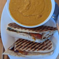 Roasted vegetable panino and soup at Brig o' Turk Tearoom in Brig O Turk