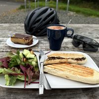 Haggis panini and a ginger slice with oat latte    at Brig o' Turk Tearoom in Brig O Turk