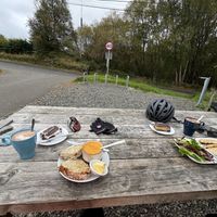 Soup and bread on left with haggis panini on the right. Ginger slice and mint slice as well.   at Brig o' Turk Tearoom in Brig O Turk