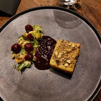 4: Polenta with pistachios, cherry wine sauce, brussel sprouts with cherries at Funken Lodge in Longyearbyen