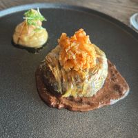 Chou farci with parsley purée and kimchi. Walnut & mole sauce.  at Funken Lodge in Longyearbyen