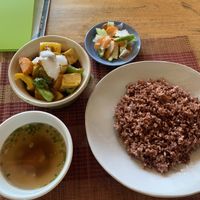 Vegetable Tofu Amok ($4.50 for amok, rice, small soup, pickled vegetables, and dessert).  at Sthāni V² in Phnom Penh