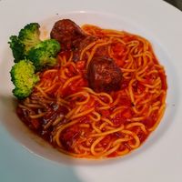 Tomato spaghetti with meatballs at Red Apple 红苹果素食 - Tampines in East Singapore
