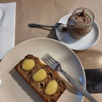 Pão de Banana com curd de limão e a Mousse Algarvia at Cajual Vegan Foodsters in Loule