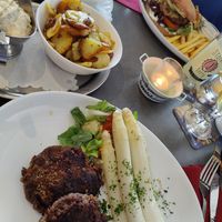 Burger, Asparagus at Cafe Restaurant Am Flugplatz in Wyk Auf Foehr