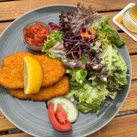 Vegan schnitzel, fresh-ground tomato sauce, side salad at Carls Brauhaus in Stuttgart