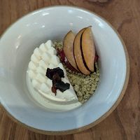 Sonoma plum dessert, sake mousse and matcha crumble at Little Saint in Healdsburg