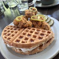 Waffle and fried mushrooms   at Little Saint in Healdsburg