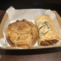 Beef/cheese mince pie (left), sausage roll (right)  at Belén Vegan Bakery in Wellington