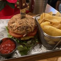 Vegan burger, rosemary chips, ketchup at Hills Burger Club in Tubingen