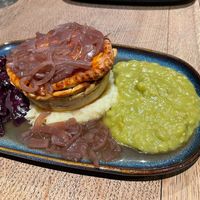 Wild mushroom pie, mushy peas, mash and braised red cabbage at Wild Cafe in Marsden