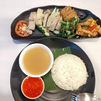Hainanese Rice set - soft fragrant rice with chix, greens, achar & soup - well-balanced seasoning & so yummy! at Gopal's The Holy Cow in East Singapore