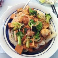 Pan-Fried Rice Stick Noodles. Topped with with vegetarian chicken, roast pork, mushrooms and broccoli in House Special Ginger Sauce. at Phoenix Garden in Richmond