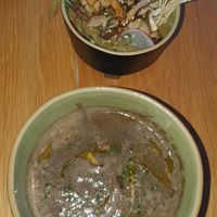 Sopa de cogumelo con trufa blanca y al lado hummus de berenjena at Root & Vine in Vila Nova De Gaia