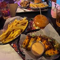 Space cowboy burger, Dzouble Cheeze burger, skin on fries, mushroom chick bites and salt and chilli tofu. Amazing   at The Saucy Cow in Dublin