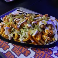 Hot papi fries with soy Chick’n patty  at The Saucy Cow in Dublin