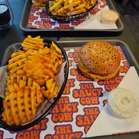 Dzouble cheese x2 with waffle and skin on fries at The Saucy Cow in Dublin